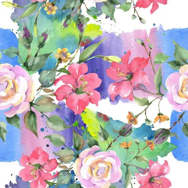 Pink Rose Bouquet Botanical Flowers Wild Spring Leaf Wildflower Watercolor — Stock Photo, Image