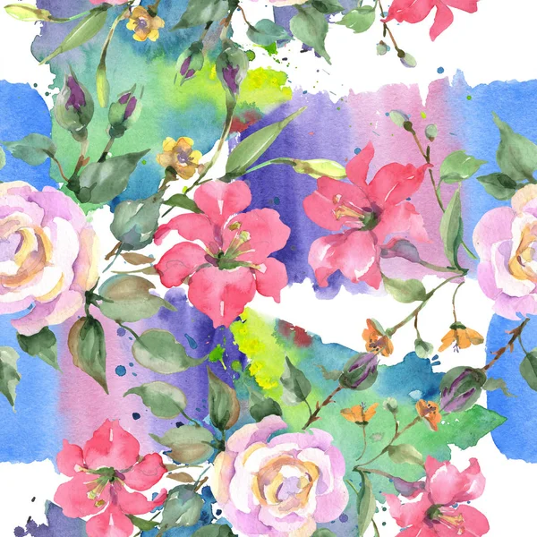 Roze Roos Boeket Botanische Bloemen Wild Voorjaar Blad Wildflower Aquarel — Stockfoto