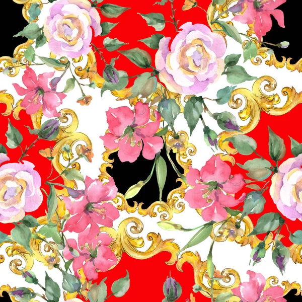 粉红玫瑰花束植物花 野生春叶野花 水彩插图集 水彩画时尚水彩画 无缝的背景模式 织物壁纸打印纹理 — 图库照片