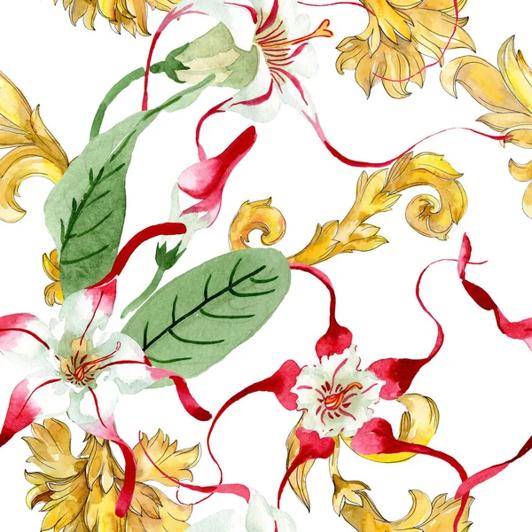赤い白いストロファンタスの花。●水彩背景イラストセット。シームレスな背景パターン. — ストック写真