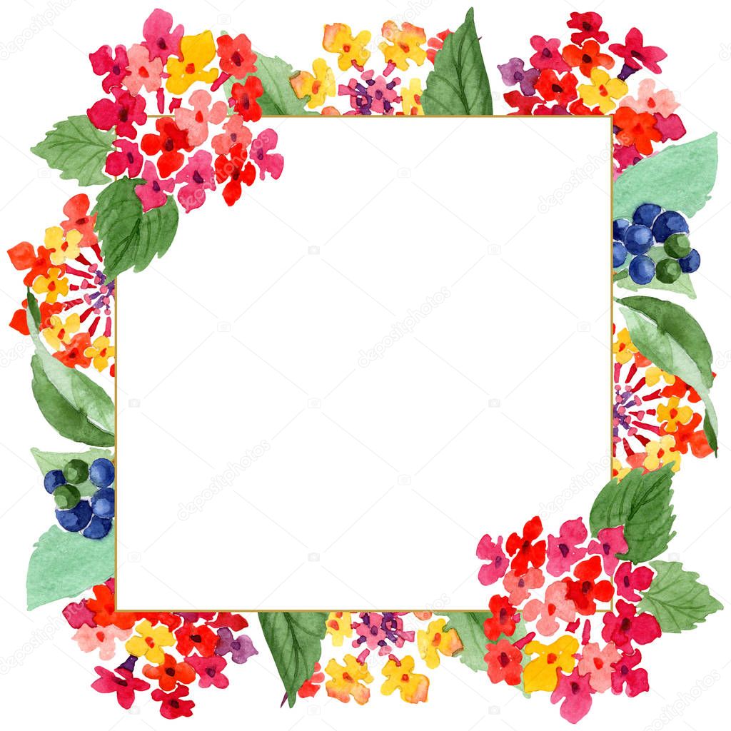 Red lantana floral botanical flowers. Watercolor background illustration set. Frame border ornament square.