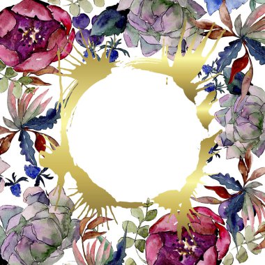 Buket çiçek botanik çiçekler. Suluboya arka plan illüstrasyon küme. Çerçeve kenarlığı süsleme Meydanı.