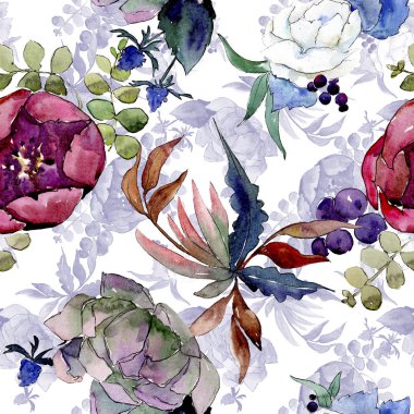 Buket çiçek botanik çiçekleri. Suluboya arka plan illüstrasyon seti. arka plan deseni.