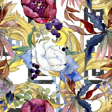 Buket çiçek botanik çiçekleri. Suluboya arka plan illüstrasyon seti. arka plan deseni.