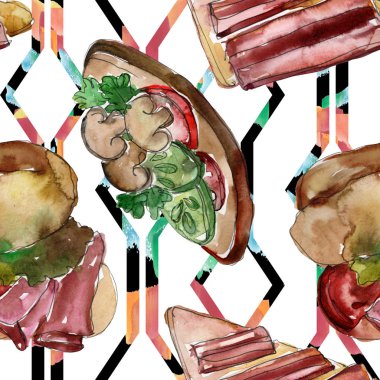 Sandviç lezzetli fast food. Suluboya arka plan illüstrasyon seti. Suluboya çizim moda aquarelle izole. Kusursuz arka plan deseni. Kumaş duvar kağıdı baskı doku.