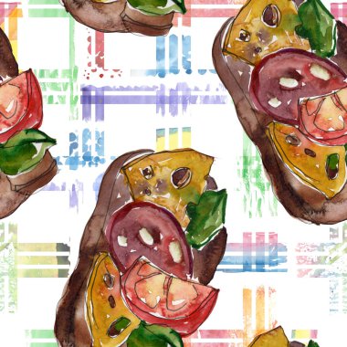 Sandviç lezzetli fast food. Suluboya arka plan illüstrasyon seti. Suluboya çizim moda aquarelle izole. Kusursuz arka plan deseni. Kumaş duvar kağıdı baskı doku.