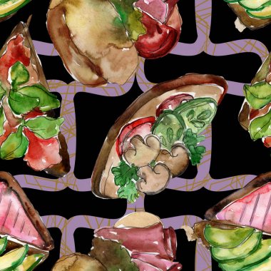 Sandviç lezzetli fast food. Suluboya arka plan illüstrasyon seti. Suluboya çizim moda aquarelle izole. Kusursuz arka plan deseni. Kumaş duvar kağıdı baskı doku.