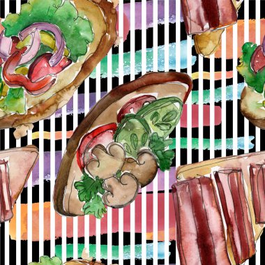 Sandviç lezzetli fast food. Suluboya arka plan illüstrasyon seti. Suluboya çizim moda aquarelle izole. Kusursuz arka plan deseni. Kumaş duvar kağıdı baskı doku.