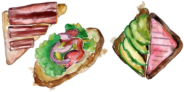 Sandwich Sabrosa Comida Rápida Conjunto Ilustración Fondo Acuarela Acuarela Dibujo — Foto de Stock