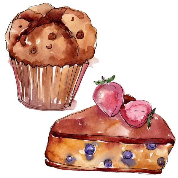 Chutný dort a sladký zákusek. Barevné pozadí. Izolovaný ilustrací prvek izolovaného dezertu. — Stock fotografie