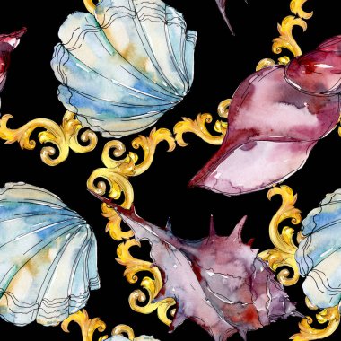 Yaz plaj deniz kabuğu tropikal sualtı elemanları. Suluboya arka plan illüstrasyon seti. Suluboya çizim moda aquarelle izole. Kusursuz arka plan deseni. Kumaş duvar kağıdı baskı doku.