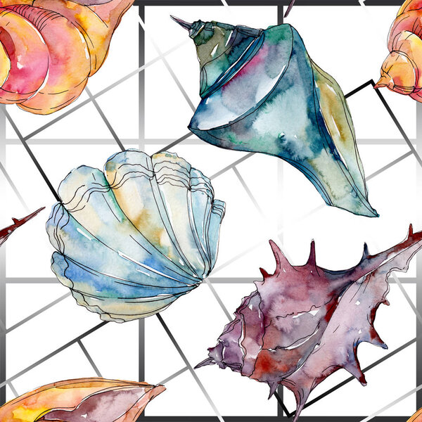 Summer beach seashell tropical underwater elements. Watercolor background illustration set. Watercolour drawing fashion aquarelle isolated. Seamless background pattern. Fabric wallpaper print texture.