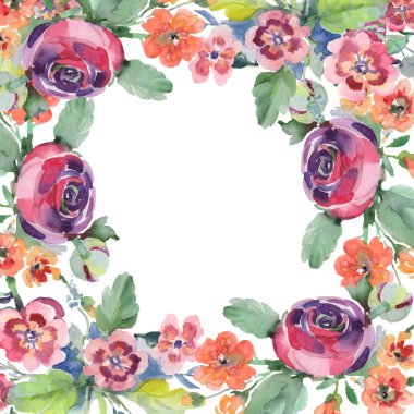 Buket çiçek botanik çiçekler. Suluboya arka plan illüstrasyon küme. Çerçeve kenarlığı süsleme Meydanı.
