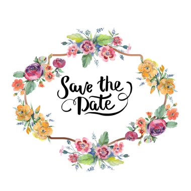 Buket çiçek botanik çiçekler. Suluboya arka plan illüstrasyon küme. Çerçeve kenarlığı süsleme Meydanı.