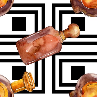 Makyaj kozmetik kroki moda glamour illüstrasyon ayarlayın. Giysi aksesuarları kıyafet ayarlayın. Suluboya seti. Suluboya çizim kova. Kusursuz arka plan deseni. Kumaş duvar kağıdı baskı doku.