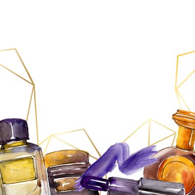 Makyaj kozmetik kroki glamour illüstrasyon ayarlayın. Giysi aksesuarları trendy vogue kıyafet ayarlayın. Suluboya arka plan seti. Suluboya çizim moda aquarelle. Çerçeve kenarlık süs karesi.