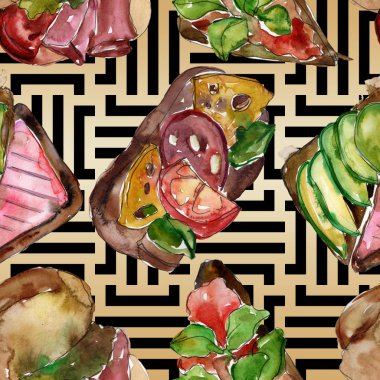 Sandviç lezzetli fast food. Suluboya arka plan illüstrasyon seti. Suluboya çizim moda aquarelle izole. Kusursuz arka plan deseni. Kumaş duvar kağıdı baskı doku.