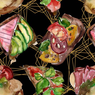 Sandviç lezzetli fast food. Suluboya arka plan illüstrasyon seti. Suluboya çizim moda aquarelle izole. Kusursuz arka plan deseni. Kumaş duvar kağıdı baskı doku.