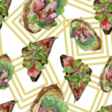 Sandviç lezzetli fast food. Suluboya arka plan illüstrasyon seti. Suluboya çizim moda aquarelle izole. Kusursuz arka plan deseni. Kumaş duvar kağıdı baskı doku.