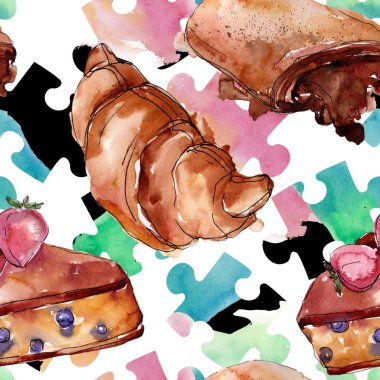 Lezzetli kek ve çörek tatlısı. Suluboya arka plan illüstrasyon seti. Suluboya çizim moda aquarelle izole. Kusursuz arka plan deseni. Kumaş duvar kağıdı baskı doku.