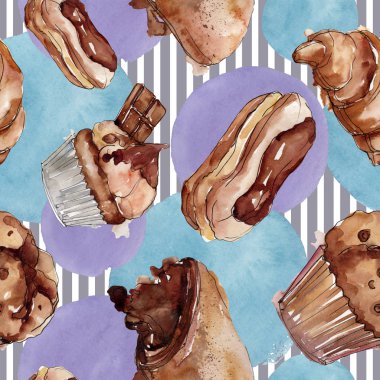 Lezzetli kek ve çörek tatlısı. Suluboya arka plan illüstrasyon seti. Suluboya çizim moda aquarelle izole. Kusursuz arka plan deseni. Kumaş duvar kağıdı baskı doku.
