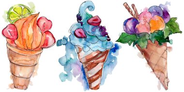 Lezzetli dondurma koni tatlı tatlısı. Suluboya arka plan illüstrasyon seti. Suluboya çizim moda aquarelle izole. İzole tatlılar illüstrasyon elemanı.