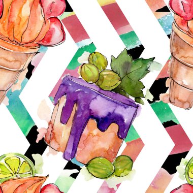 Lezzetli dondurma koni tatlı tatlısı. Suluboya arka plan illüstrasyon seti. Suluboya çizim moda aquarelle izole. Kusursuz arka plan deseni. Kumaş duvar kağıdı baskı doku.