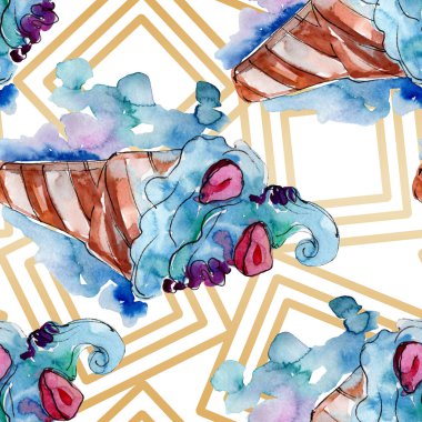 Lezzetli dondurma koni tatlı tatlısı. Suluboya arka plan illüstrasyon seti. Suluboya çizim moda aquarelle izole. Kusursuz arka plan deseni. Kumaş duvar kağıdı baskı doku.