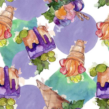 Lezzetli dondurma koni tatlı tatlısı. Suluboya arka plan illüstrasyon seti. Suluboya çizim moda aquarelle izole. Kusursuz arka plan deseni. Kumaş duvar kağıdı baskı doku.