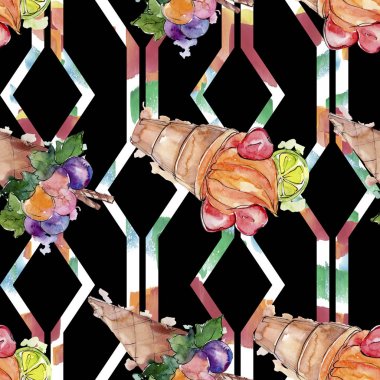 Lezzetli dondurma koni tatlı tatlısı. Suluboya arka plan illüstrasyon seti. Suluboya çizim moda aquarelle izole. Kusursuz arka plan deseni. Kumaş duvar kağıdı baskı doku.