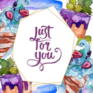 Lezzetli dondurma koni tatlı tatlısı. Suluboya arka plan illüstrasyon seti. Suluboya çizim moda aquarelle izole. Çerçeve kenar kristal süs kare.