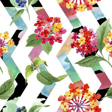 Kırmızı lantana çiçek botanik çiçekleri. Suluboya arka plan illüstrasyon seti. Kesintisiz arka plan deseni.