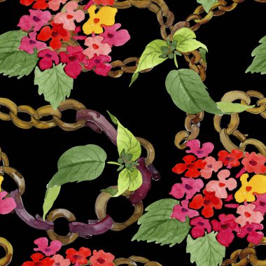 Kırmızı lantana çiçek botanik çiçekleri. Suluboya arka plan illüstrasyon seti. Kesintisiz arka plan deseni.