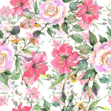 Pembe gül buketi botanik çiçek. Vahşi bahar yaprak kır çiçeği. Suluboya resim kümesi. Suluboya çizim moda aquarelle. Sorunsuz arka plan deseni. Kumaş duvar kağıdı yazdırma doku.