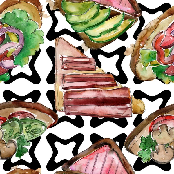 三明治美味的快餐 水彩背景插图集 水彩画时尚水瓶座孤立 无缝的背景模式 织物壁纸打印纹理 — 图库照片