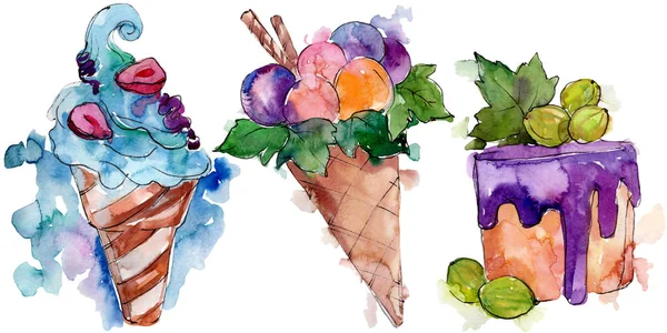 美味的冰淇淋蛋糖甜点 水彩背景插图集 水彩画时尚水瓶座孤立 独立甜点插图元素 — 图库照片