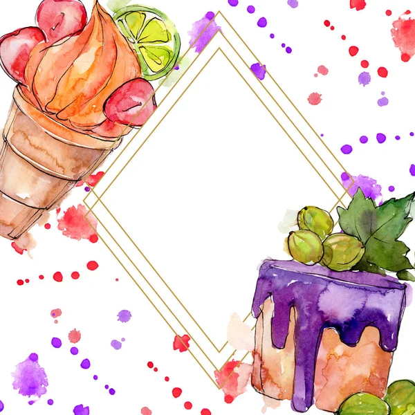 Tasty Ice Cream Cone Sweet Dessert Watercolor Background Illustration Set — Stock Photo, Image