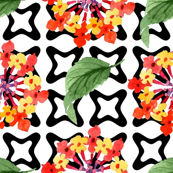 Röd Lantana blommiga botaniska blommor. Akvarell bakgrund illustration uppsättning. Sömlöst bakgrundsmönster. — Stockfoto