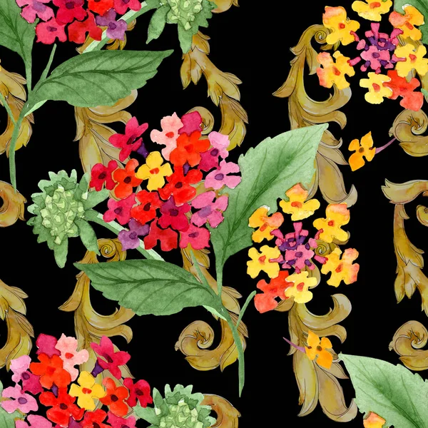 Flores botánicas de lantana roja. Conjunto de ilustración de fondo acuarela. Patrón de fondo sin costuras . —  Fotos de Stock