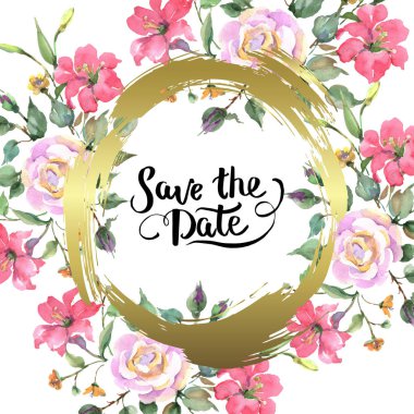 Pembe gül buketi çiçek botanik çiçekler. Yabani bahar yaprağı kır çiçeği izole. Suluboya arka plan illüstrasyon seti. Suluboya çizim moda aquarelle. Çerçeve kenarlık süs karesi.