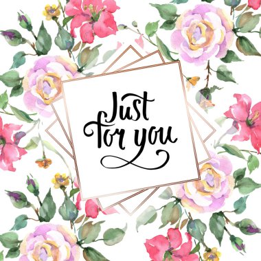 Pembe gül buketi çiçek botanik çiçekler. Yabani bahar yaprağı kır çiçeği izole. Suluboya arka plan illüstrasyon seti. Suluboya çizim moda aquarelle. Çerçeve kenarlık süs karesi.