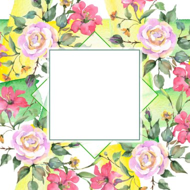 Pembe gül buketi çiçek botanik çiçekler. Yabani bahar yaprağı kır çiçeği izole. Suluboya arka plan illüstrasyon seti. Suluboya çizim moda aquarelle. Çerçeve kenarlık süs karesi.