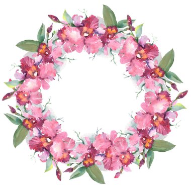 Pembe orkide buketi çiçek botanik çiçekleri. Yabani bahar yaprağı kır çiçeği izole. Suluboya arka plan illüstrasyon seti. Suluboya çizim moda aquarelle. Çerçeve kenarlık süs karesi.
