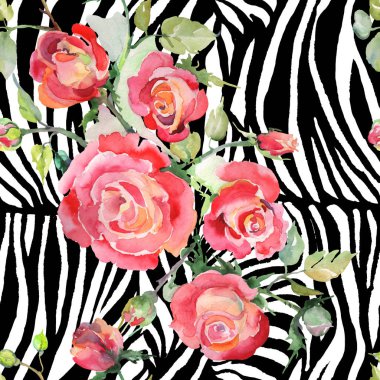 Kırmızı gül buketi çiçek botanik çiçekler. Suluboya arka plan illüstrasyon küme. Sorunsuz arka plan deseni.