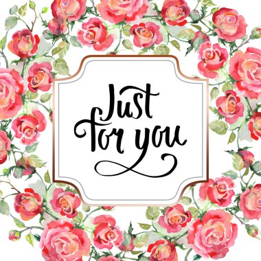 Kırmızı gül buketi çiçek botanik çiçekler. Suluboya arka plan illüstrasyon küme. Çerçeve kenarlığı süsleme Meydanı.