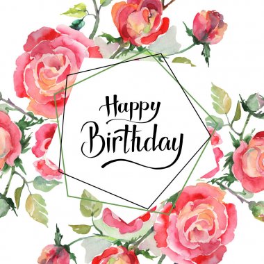 Kırmızı gül buketi çiçek botanik çiçekler. Suluboya arka plan illüstrasyon küme. Çerçeve kenarlığı süsleme Meydanı.