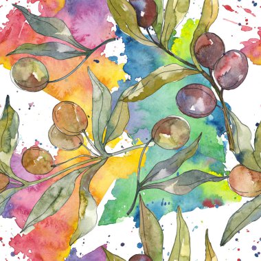 Siyah ve yeşil meyveli zeytin dalı. Suluboya arka plan illüstrasyon seti. Kesintisiz arka plan deseni.
