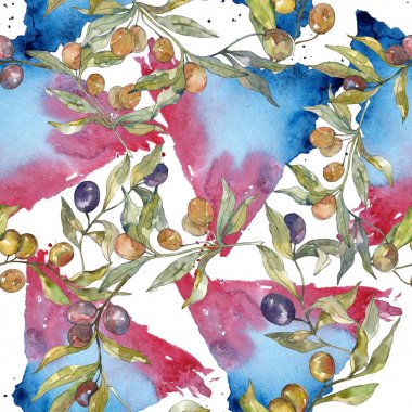 Siyah ve yeşil meyveli zeytin dalı. Suluboya arka plan illüstrasyon seti. Kesintisiz arka plan deseni.