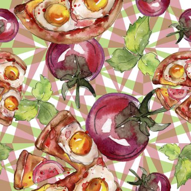 Fast food itallian pizza lezzetli yemek. Suluboya arka plan illüstrasyon seti. Kesintisiz arka plan deseni.