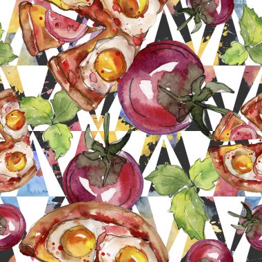 Fast food itallian pizza lezzetli yemek. Suluboya arka plan illüstrasyon seti. Kesintisiz arka plan deseni.